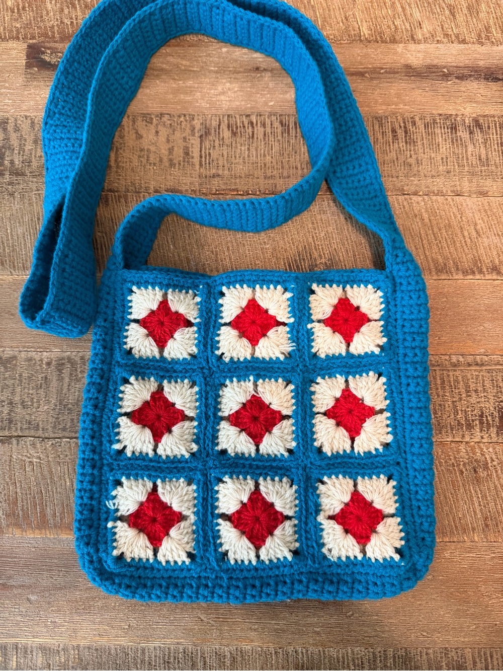 Handmade Granny Square Crochet Crossbody Bag with Red & Cream Accents